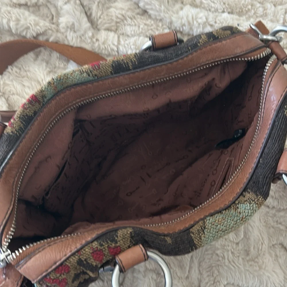 Fossil Multicolor Tapestry Satchel with Brown Leather Trim